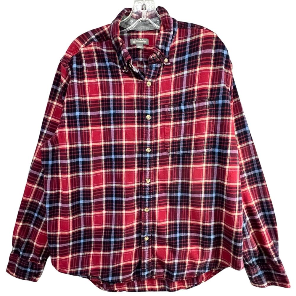 Eddie Bauer Shirt Mens XL Red Plaid Flannel Button Down Rugged Lumberjack Grunge